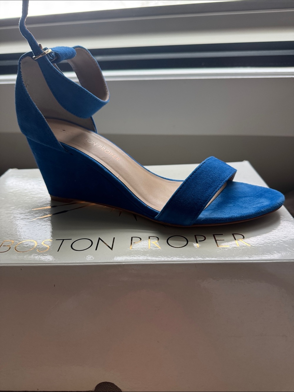 Boston Proper Cobalt Blue Suede Ankle-Strap Wedges, sz 8